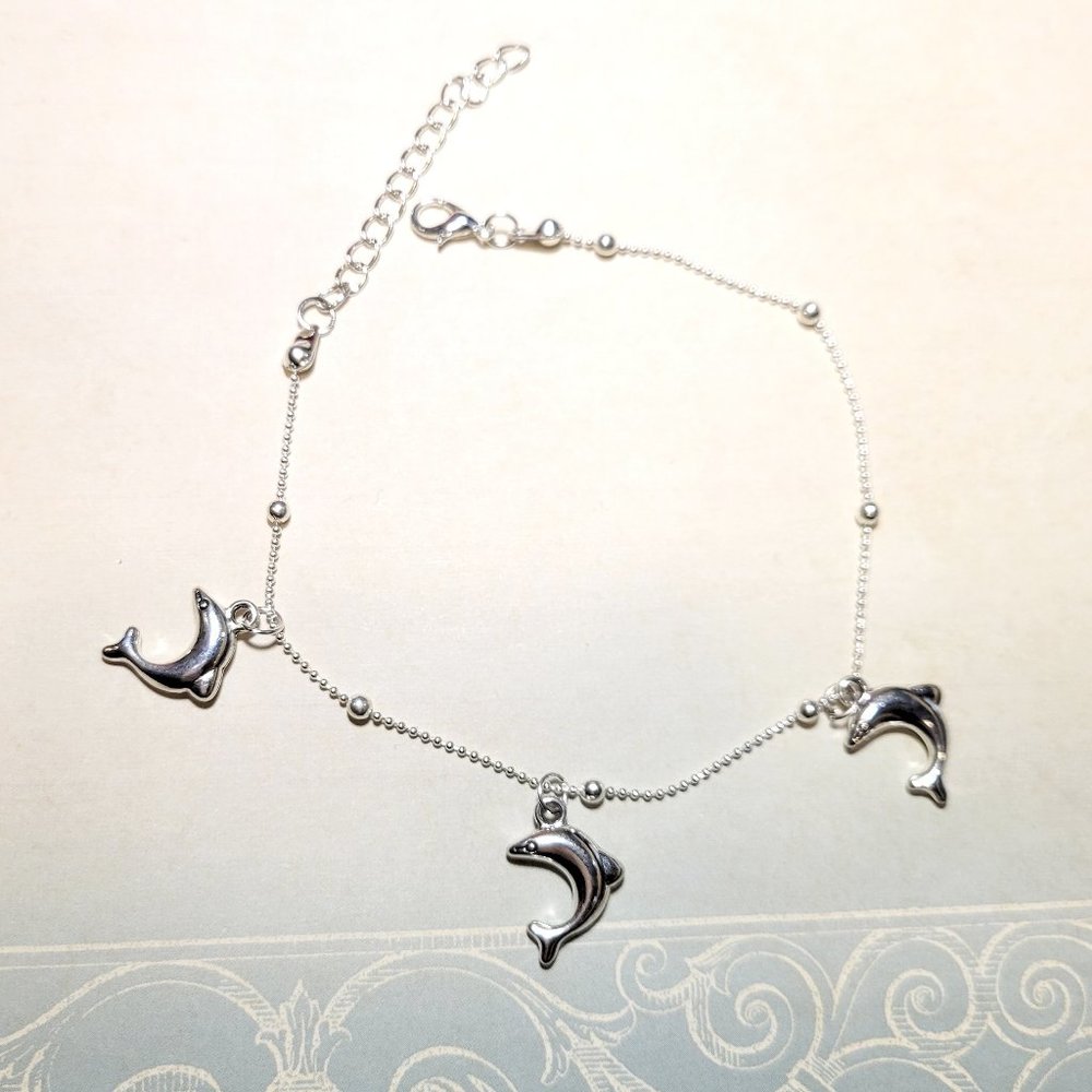 Custom Sterling Silver Ocean Summer Beach Vibes 3 Dangle Dolphin Anklet Ankle Br